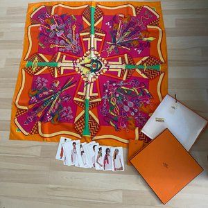 HERMES Silk Bouquets Sellier Scarf 90 Orange Capucine Fuchsia